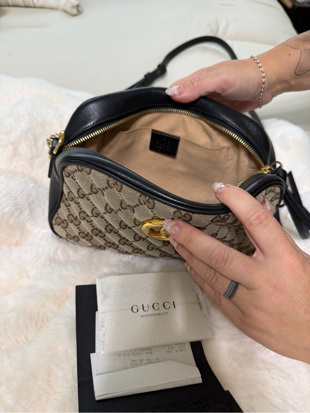 Gucci GG Supreme Crossbody with Black Leather Trim and Gold Hardware